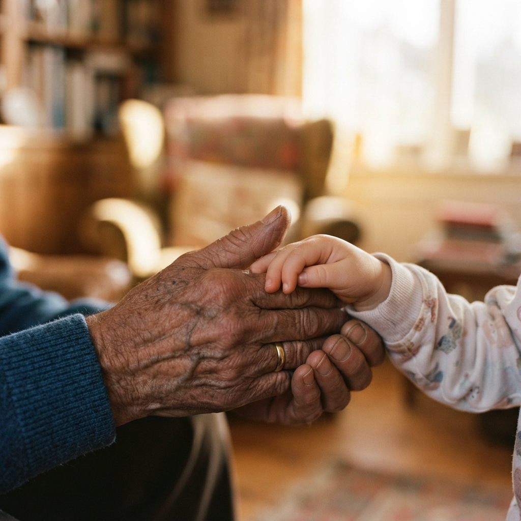 A grandfather's hands holding a child's