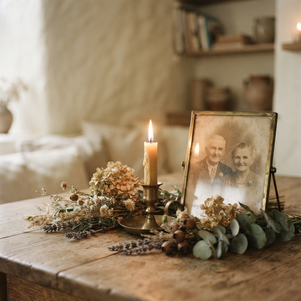 A candle beside a photograph, soft warm light